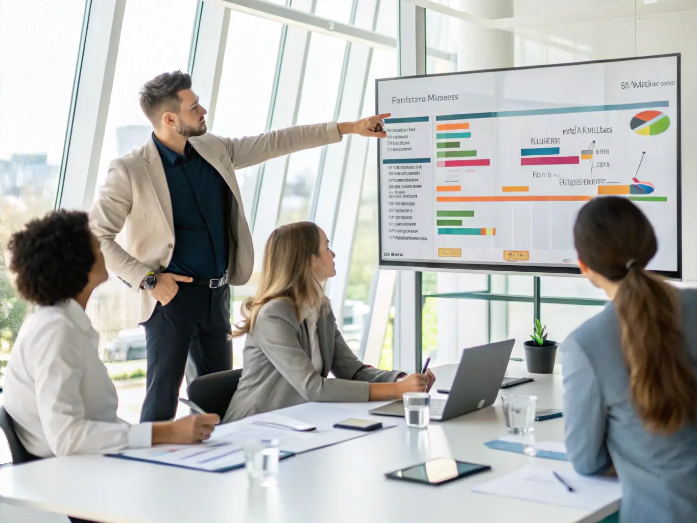 A dynamic image of a project manager collaborating with a team, using digital devices and charts to represent the management of digital transformation projects by BGIT Solutions.