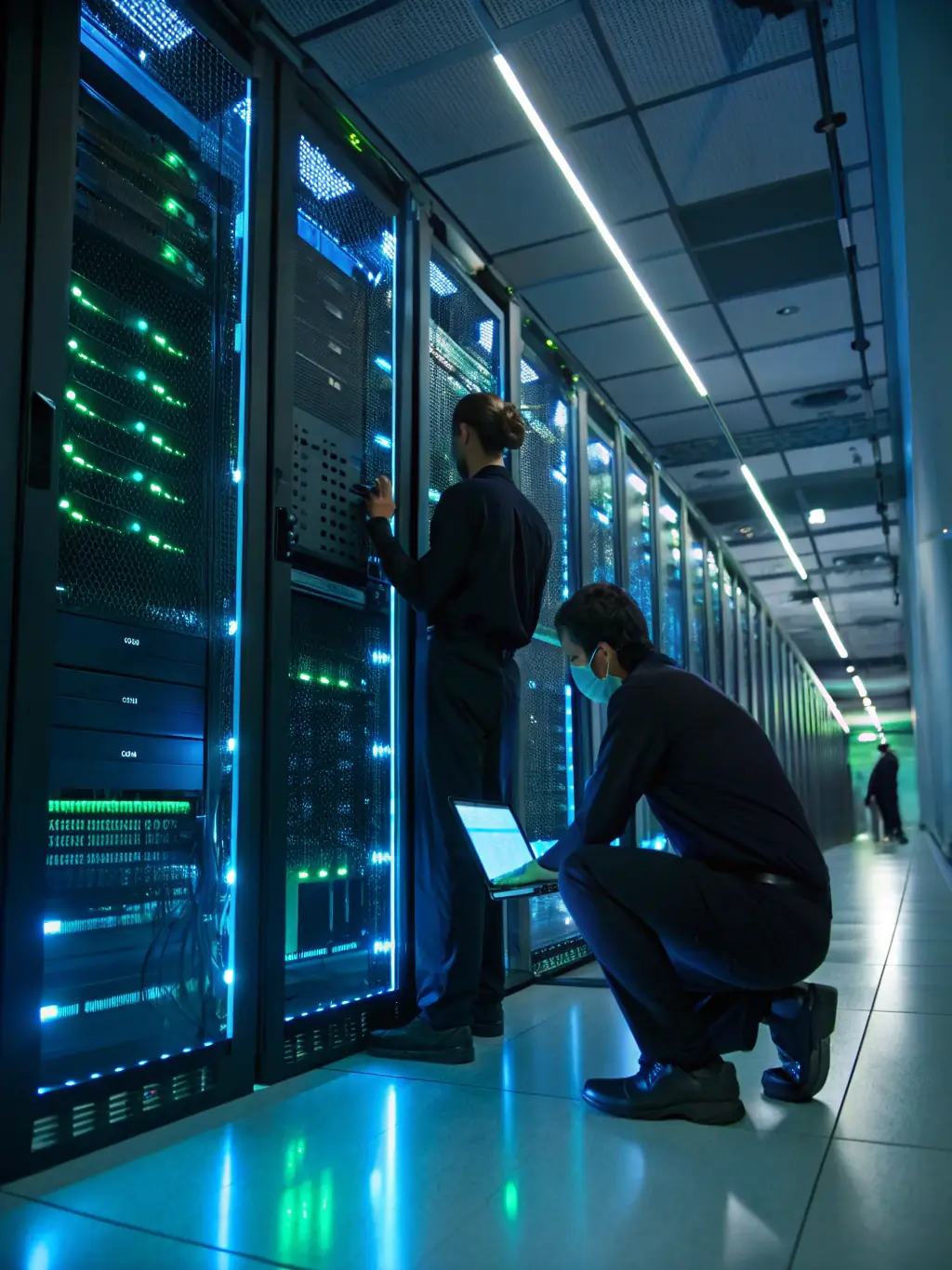 A modern server room with blinking lights and engineers working, representing technology infrastructure optimization.