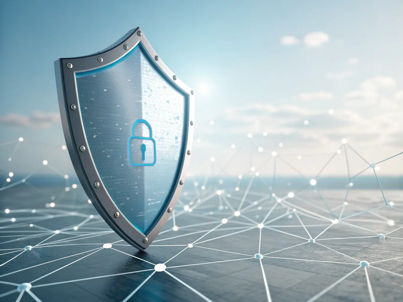 A symbolic image of a shield icon overlaying a digital network, representing the cybersecurity enhancements provided by BGIT Solutions to protect digital assets.