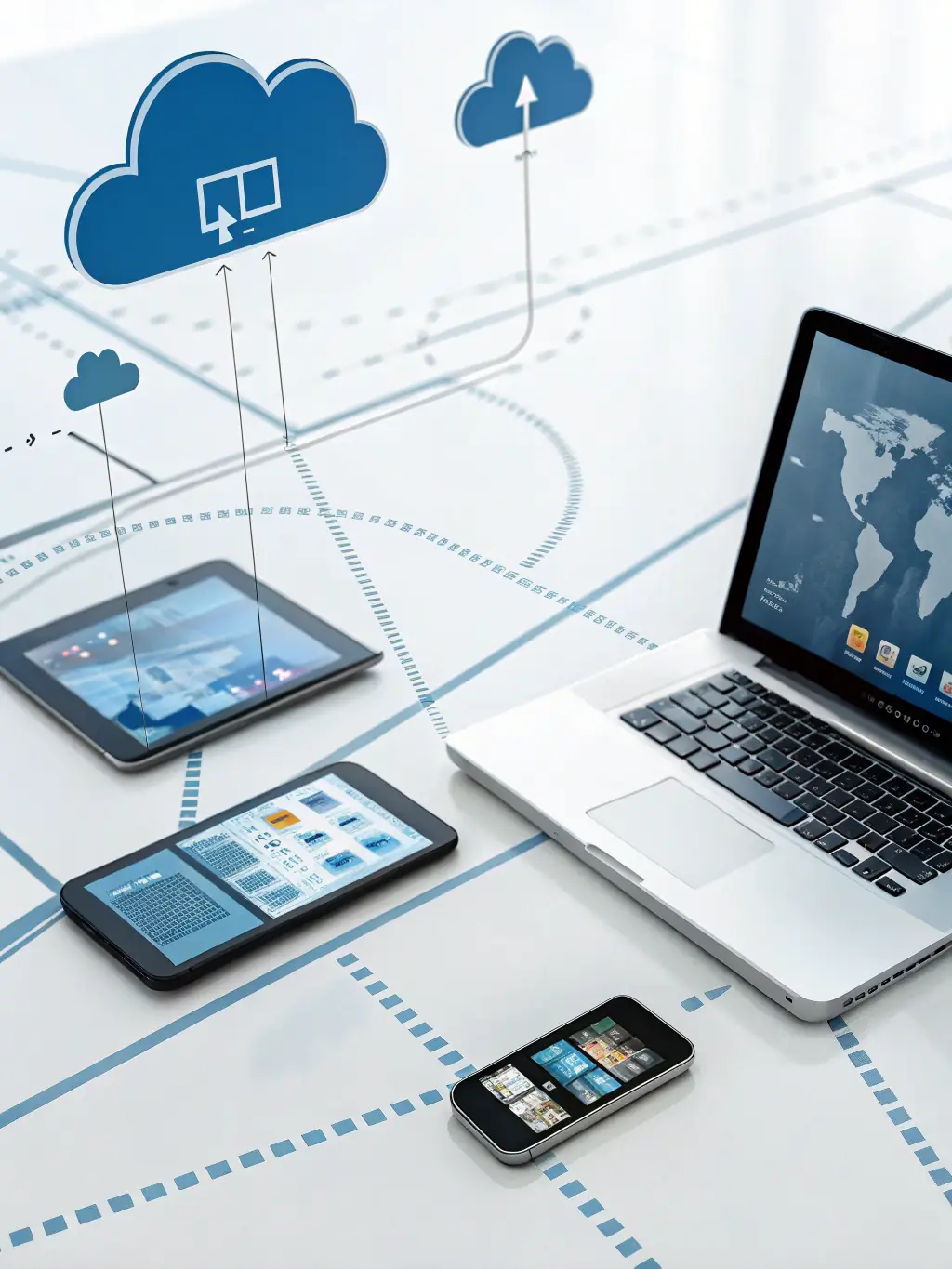 Cloud icons interconnected with devices, representing flexible and scalable cloud solutions.